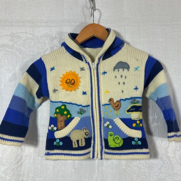 Cardigan Sweater 2T Embroidered Applique Animals Trees Sun Made in Peru Hood Zip - Picture 1 of 10